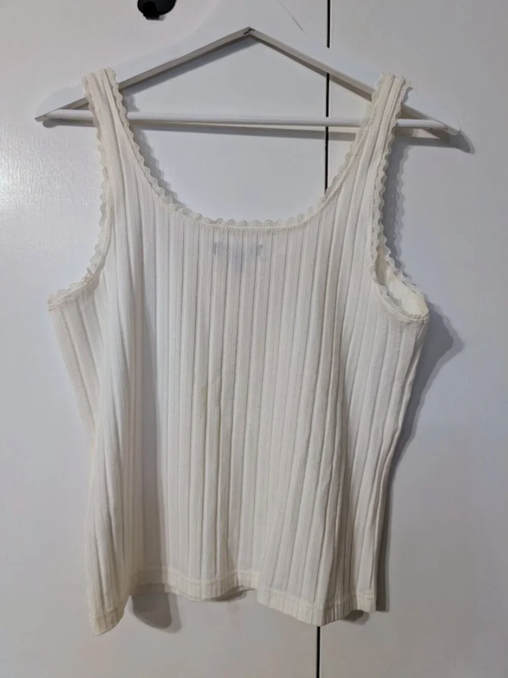 J. Crew Ribbed Lace Trim Pointelle Cotton Blend Camisole Tank Top Ivory L NWOT - Picture 2 of 9